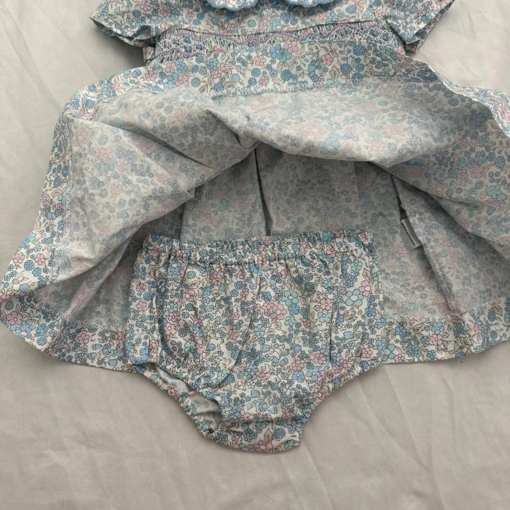 Edgehill Collection Baby Girls Blue Floral Smocked Dress & Bloomer Set 3M